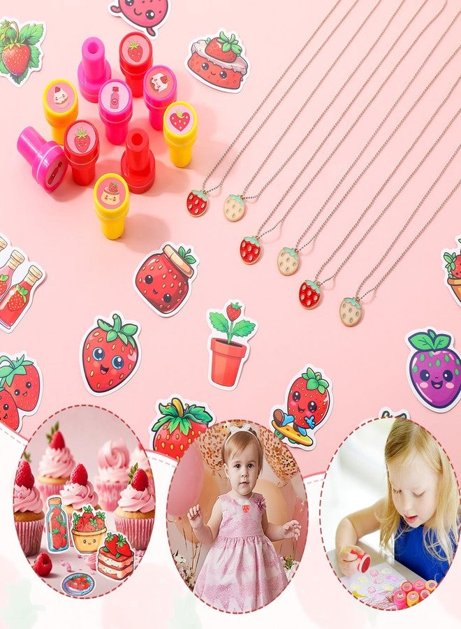 Landical 194 Pcs Cute Strawberry Party Favors Includes Pendant Keychain Silicone Ring Bracelet Stickers Bubble Sticker Party Tags Organza Bag Stampers for Baby Shower Birthday Party Class Reward - Image 5